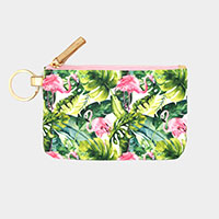 Flamingo Tropical Leaf Patterned ID Wallet Detachable Lanyard