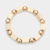 Cube Wood Metal Ball Stretch Bracelet