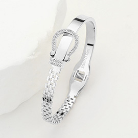 Stainless Steel Rhinestone Embellished Belt Buckle Hinged Bangle Bracelet