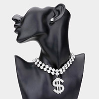 Rhinestone Embellished Metal Dollar Sign Pendant Choker Necklace