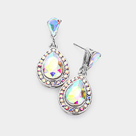 Rhinestone Trimmed Teardrop Stone Accented Dangle Evening Earrings