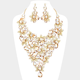 Teardrop Stone Leaf Cluster Vine Statement Evening Necklace