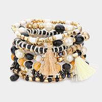 9PCS - Tassel Charm Wood Beaded Stretch Bracelets