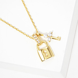 Gold Dipped CZ Stone Embellished Key Lock Pendant Necklace