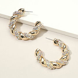 Rhinestone Embellished Braided Metal Half Hoop Earrings