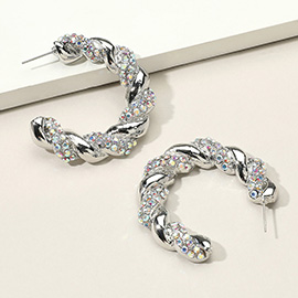 Rhinestone Embellished Braided Metal Half Hoop Earrings