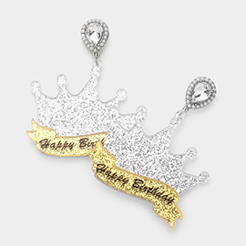 HAPPY BIRTHDAY Glittered Resin Crown Dangle Earrings