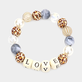 LOVE Message Accented Pearl Leopard Patterned Beaded Stretch Bracelet