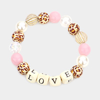 LOVE Message Accented Pearl Leopard Patterned Beaded Stretch Bracelet