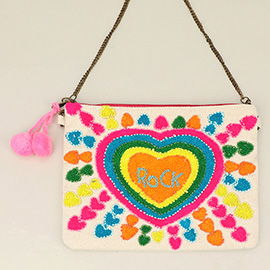 Boho Rainbow Heart Pom Pom Clutch Bag / Crossbody Bag