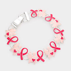 Enamel Metal Angel Pink Ribbon Link Magnetic Bracelet