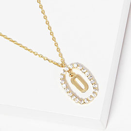 -O- Gold Dipped Metal Monogram Rhinestone Oval Link Pendant Necklace