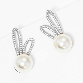 White Gold Dipped CZ Pearl Rabbit Stud Earrings