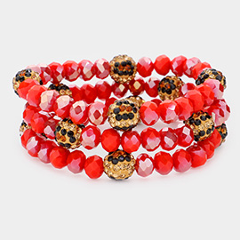 3PCS - Leopard Pattern Shamballa Ball Faceted Bead Stretch Bracelets