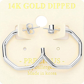 14K White Gold Dipped Hexagon Metal Hoop Earrings