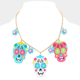 Flower Skull Head Charm Necklace