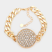 Rhinestone Embellished Circle Pendant Metal Link Bracelet