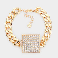 Rhinestone Embellished Square Pendant Metal Link Bracelet
