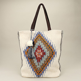 Aztec Patterned Pom Pom Tassel Tote Bag