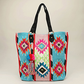 Aztec Patterned Pom Pom Tassel Tote Bag