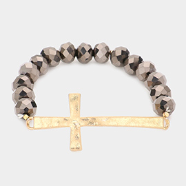 Hammered Metal Cross Accented Faceted Beads Stretch Bracelet