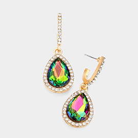 Rhinestone Trimmed Teardrop Stone Dangle Evening Earrings