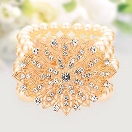 Flower Rhinestone Pave Pearl Stretch Bracelet