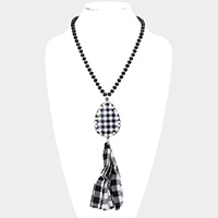 Buffalo Plaid Teardrop Metal Fabric Tassel Dangle Pendant Long Necklace