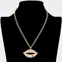 Rhinestone Paved Lip Pendant Necklace