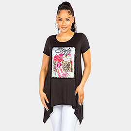 Bling Style Graphic Printed Half Sleeves Top