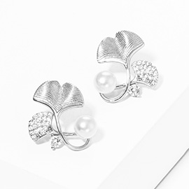 White Gold Dipped CZ Stone Paved Gingko Pearl Stud Earrings