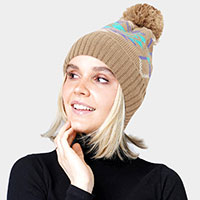 Pom Pom Western Pattern Beanie Hat