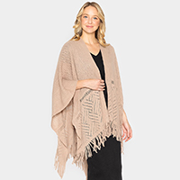 Geometry Open Knit Ruana  Poncho With Fringe