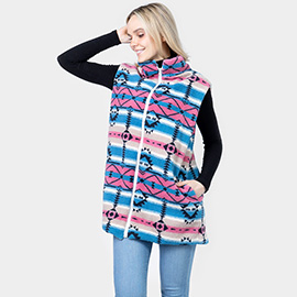 Aztec Patterned Sherpa Fleece Pocket Vest