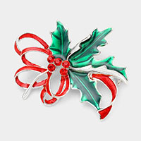 Rhinestone Embellished Enamel Poinsettia Leaf Pin Brooch