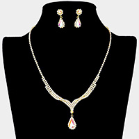 Teardrop Stone Pendant Accented Rhinestone Pave Necklace