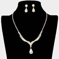 Teardrop Stone Pendant Accented Rhinestone Pave Necklace