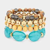 4PCS - Pebble Stone Accented Multi Layered Stretch Bracelets