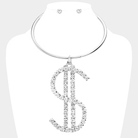 Oversized Rhinestone Pave Dollar Sign Pendant Choker Necklace