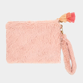 Faux Fur Tassel Pouch With Wristlet