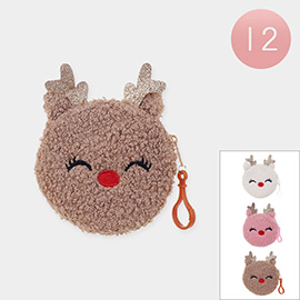 12PCS - Sherpa Christmas Rudolph Coin Purses