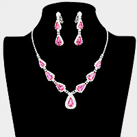 Teardrop Stone Accented Rhinestone Pave Necklace Clip on Earring Set