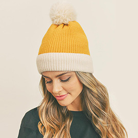 Two Tone Knit Pom Pom Beanie Hat