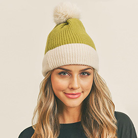 Two Tone Knit Pom Pom Beanie Hat