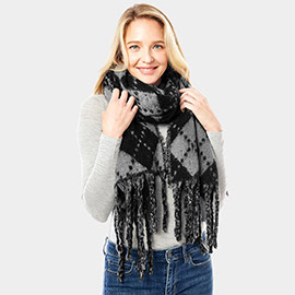 Argyle Print Oblong Scarf With Fringe