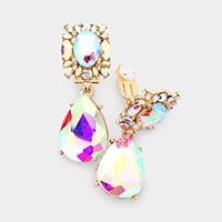 Multi Stone Cluster Teardrop Link Dangle Evening Clip On Earrings