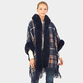 Plaid Pattern With Solid Faux Fur Trim Edge