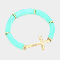 Worn Metal Cross Accented Celluloid Acetate Stretch Bracelet