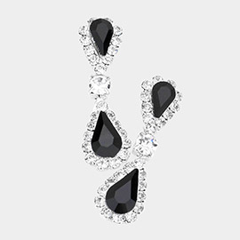 Double Teardrop Accented Rhinestone Trimmed Dangle Evening Earrings