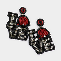 LOVE Felt Back Seed Beaded Football Helmet Pointed Message Dangle Earrings